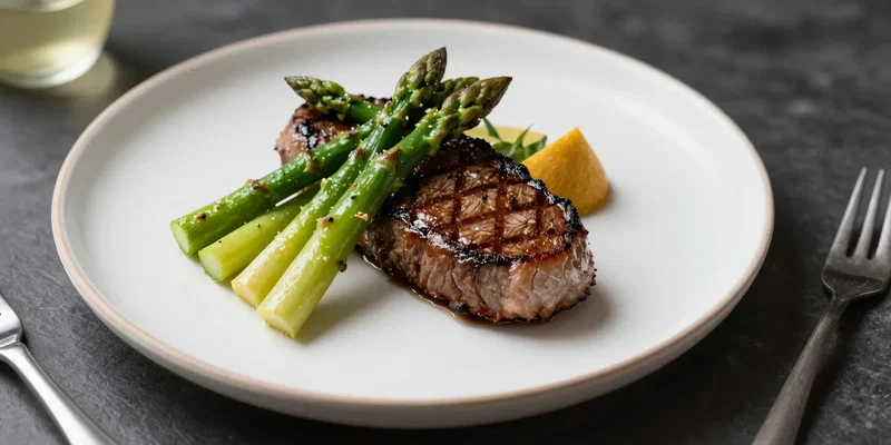 Midjourney prompt: Elegant restaurant dinner plate of grilled steak with asparagus and broccolini, beautifully plated, vibrant colors on a dark table, overhead food photography, photorealistic, sharp focus, 8k