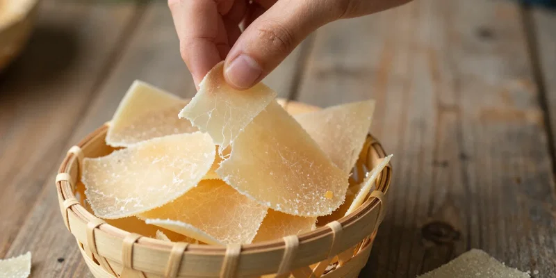 A small woven basket filled with golden, lacy parmesan cheese crisps. One is held between fingers, slightly broken to show the delicate, glass-like texture. Rustic wood desk background, soft natural light. Macro photography style.