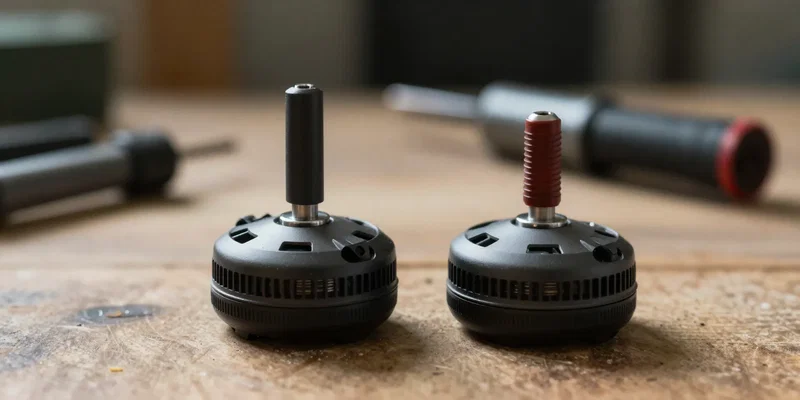 Two drone motors sitting side by side on a wooden workbench, one slightly taller, one slightly wider, soldering iron in the blurred background, cinematic bokeh, realistic workshop lighting --ar 16:9