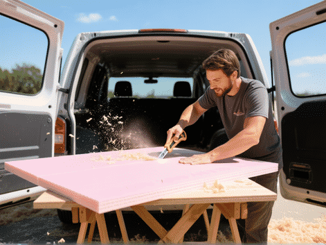 wide-angle shot, someone expertly cutting a large sheet of pink XPS foam board with a utility knife on a makeshift table, fit perfectly between van ribs, sawdust in the air, sunny day --ar 16:9