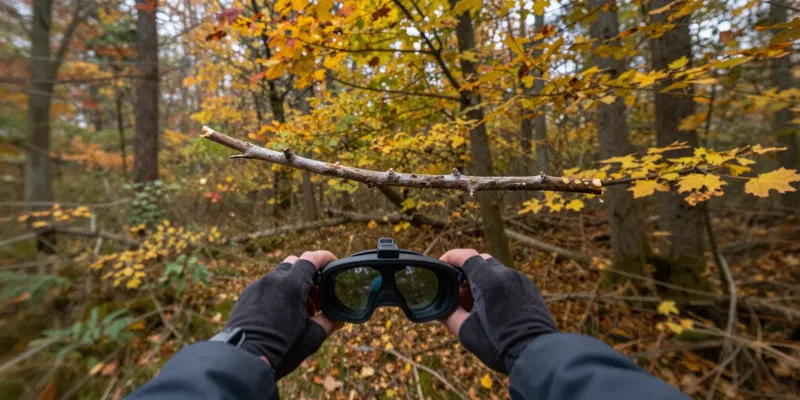 First person view through FPV goggles, flying fast through a dense autumn forest, missing a thin dead branch by inches, motion blur on the edges, highly detailed, vivid colors, 4k --ar 16:9