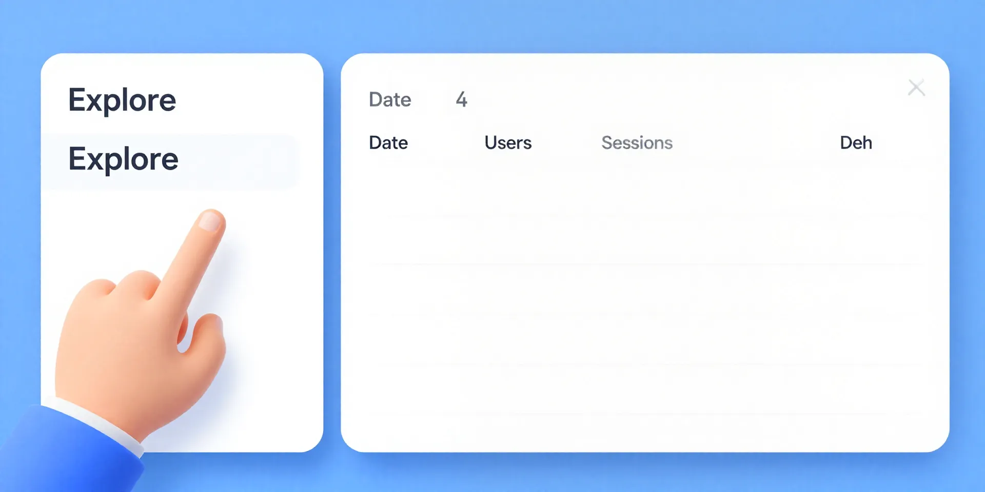 A split-screen view. Left side: A hand pointing at the 'Explore' section in a Google Analytics 4 interface. Right side
