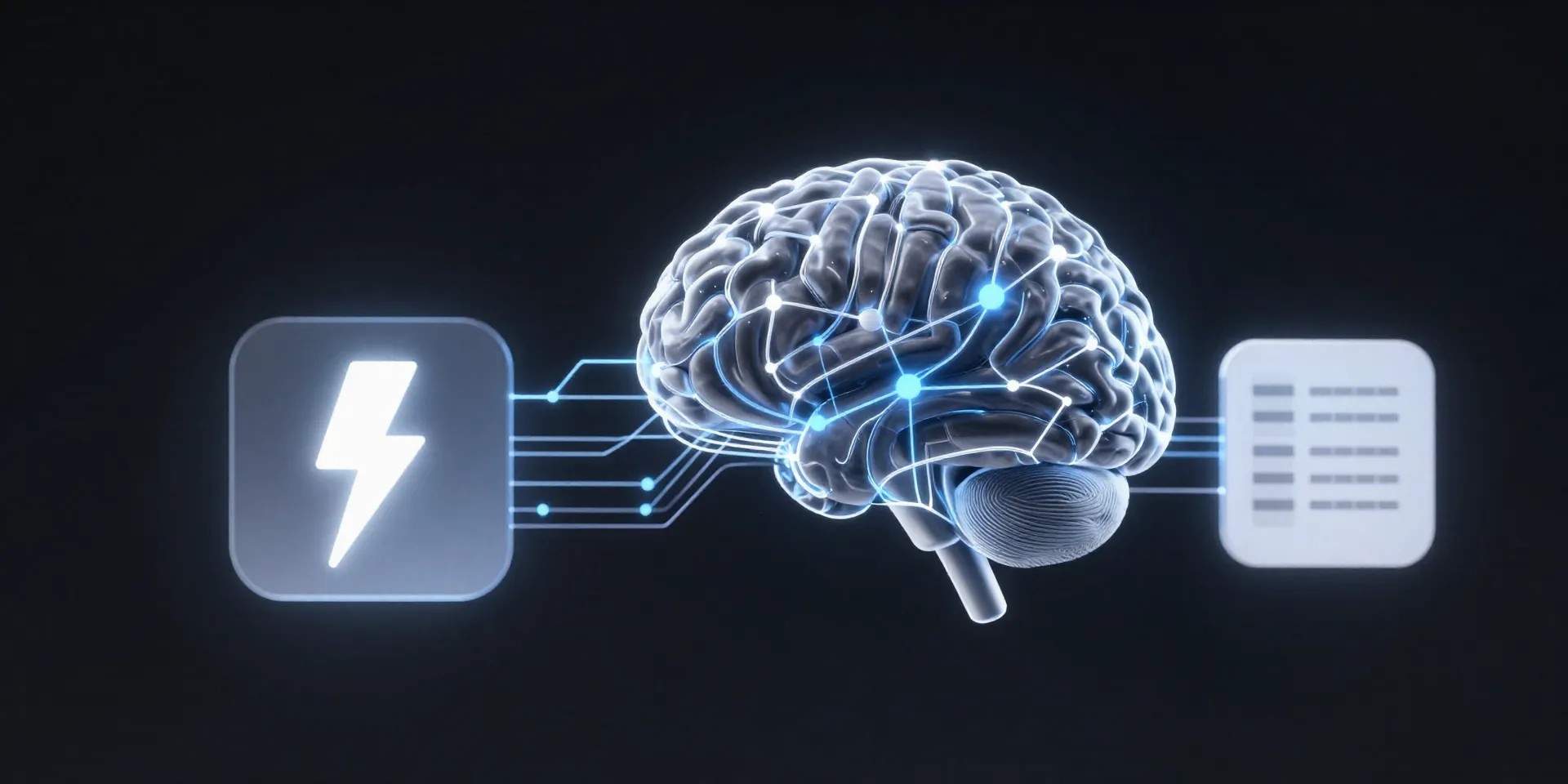 A sleek, glowing digital brain made of interconnecting data streams flowing between two icons: one for Zapier's lightning bolt and one for Airtable's grid interface. Style: Minimalist 3D rendering, neon data lines on a dark background. Mood: Intelligent, connected, modern.