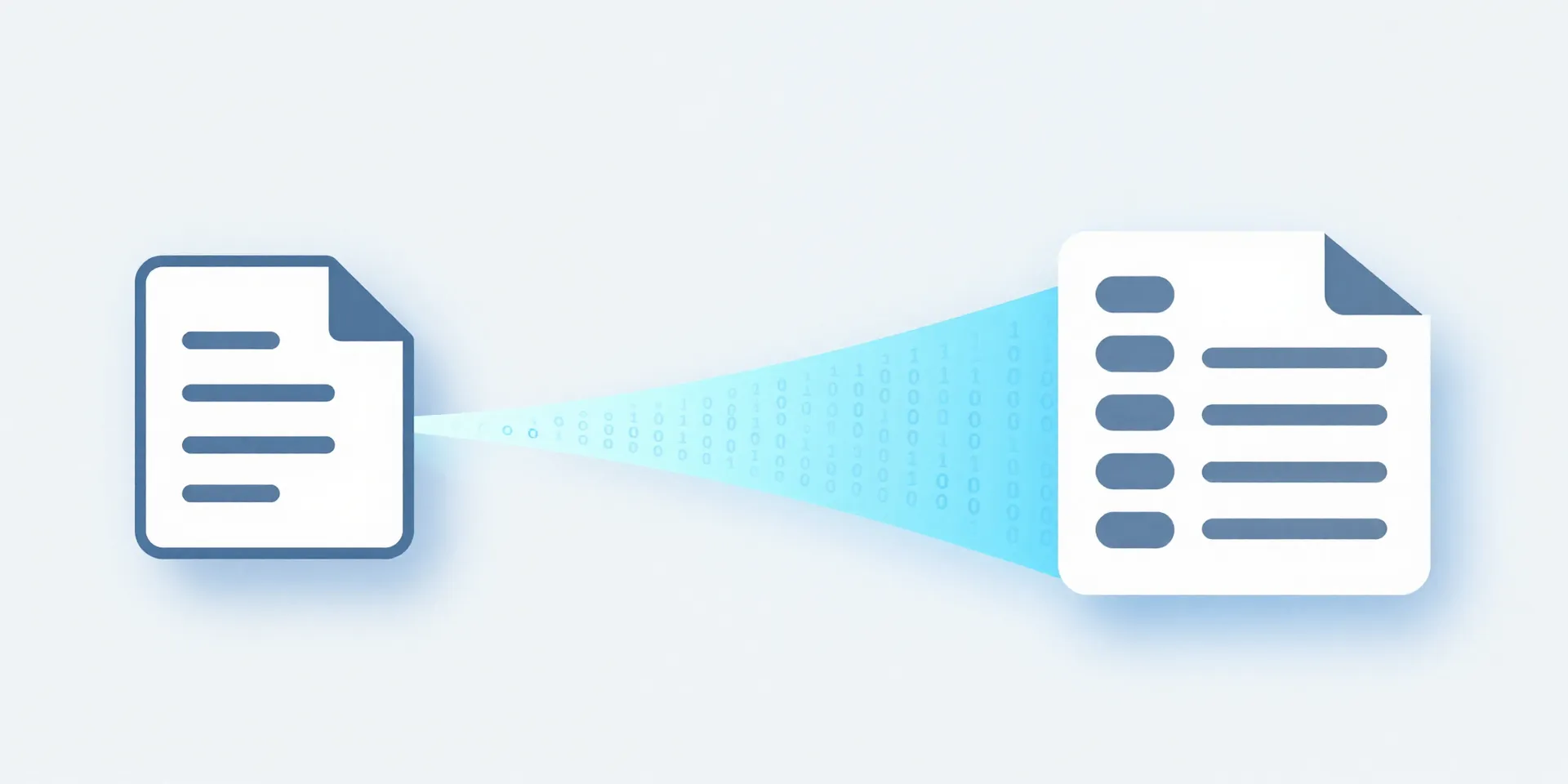 A clean, modern abstract illustration. On the left, a simple Google Docs icon. A glowing, flowing line connects it to a structured Airtable base icon on the right. The connection line is made of binary code and paper texture. Minimalist, flat design, vibrant accent color on a light background