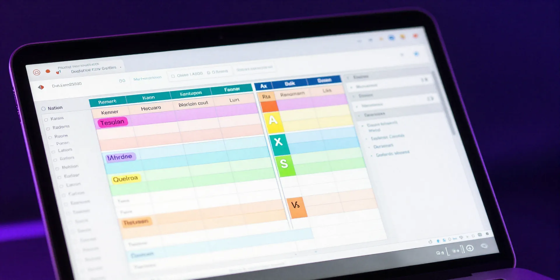 Close up of a sleek laptop screen showing colorful kanban boards and spreadsheets, dark moody background with neon purple and blue backlighting, cyberpunk aesthetic, high detail --ar 16:9