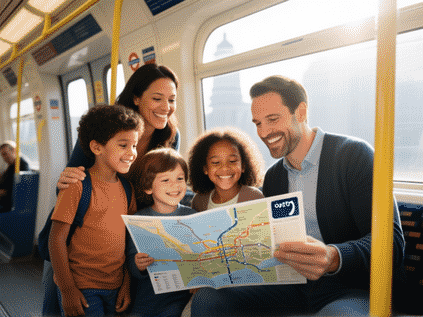 A happy, diverse family of four on a clean London Underground Tube carriage. The kids, slightly tired but smiling