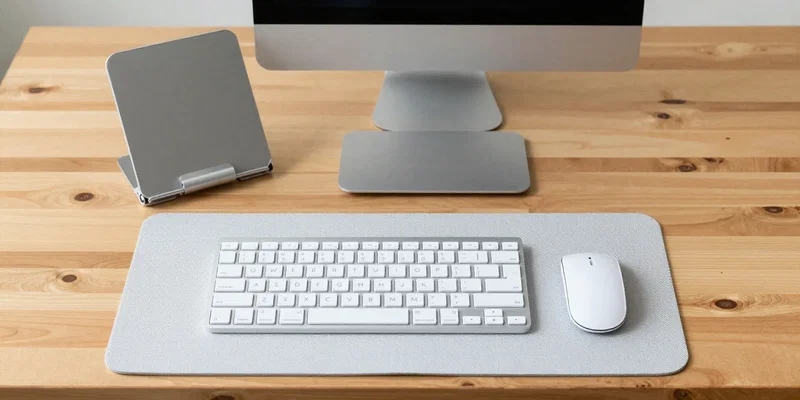 Midjourney prompt: Clean, minimalist flat-lay of essential travel work gear on a hostel wooden table. A compact foldable laptop stand, slim Bluetooth keyboard, small portable mouse on a textured mat. Neat aesthetic, daylight, top-down shot. --ar 16:9 --style raw