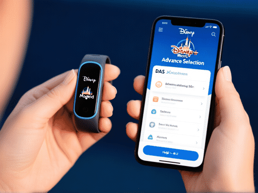 Detail shot of a person's hands holding a Disney MagicBand and a smartphone showing the Disney World app interface. The screen displays a 'DAS Advance Selection' menu. Focus on the technology, clean, helpful. --ar 4:3 --style raw