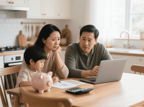 A family budget meeting at a kitchen table. Two parents looking at a laptop, concerned but thoughtful. A piggy bank
