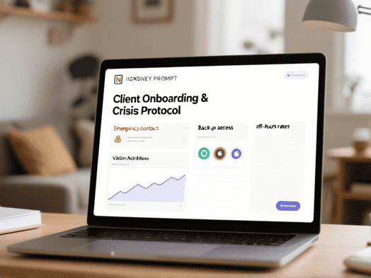 MIDJOURNEY PROMPT: clean minimalist infographic on a laptop screen, labeled 'Client Onboarding & Crisis Protocol', sections for emergency contact, backup access, off-hours rates, visual style of Notion or Apple Notes, soft focus background of a cozy home office --ar 16:9
