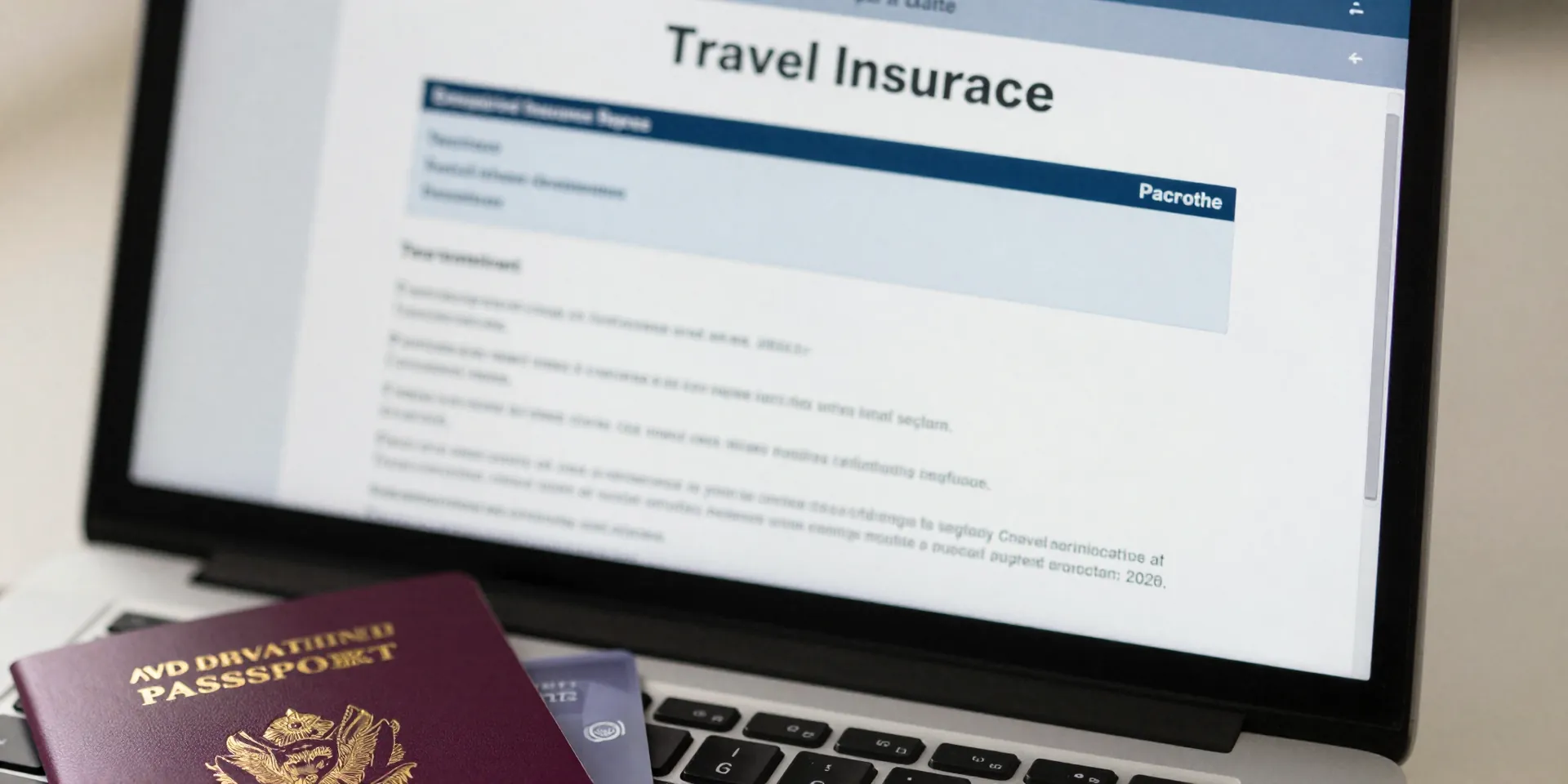 Close-up of a laptop screen showing a travel insurance policy document, a passport and a credit card next to it, soft morning light, focus on the small print, detailed, lifestyle shot