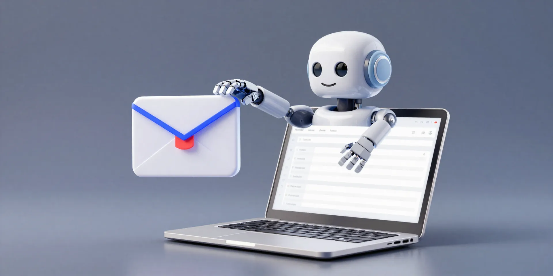 A clean, minimalist 3D render of a friendly robot arm assembling a sleek email icon from colorful data blocks, all hovering above a simple laptop showing an Airtable interface, soft studio lighting, pastel colors, isometric view --ar 16:9