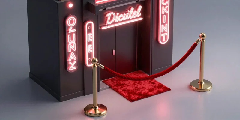 A sleek red velvet rope outside a fancy futuristic nightclub, glowing neon signs, isometric 3d render, clean aesthetic, vivid colors, octane render --ar 16:9