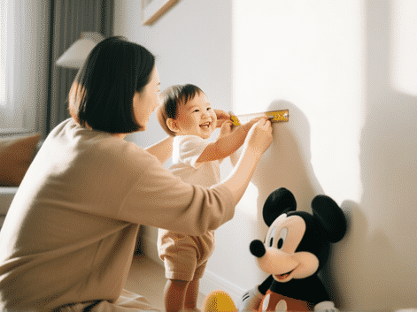 A candid, warm moment of a parent measuring a smiling toddler at home against a wall. Soft morning light, happy expression, a stuffed Mickey Mouse sits nearby. Lifestyle photo, authentic and unposed, using a natural color palette.