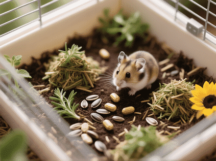 Midjourney prompt: Top-down, illustrative view of a secure hamster enclosure. Tiny piles of hamster-safe herbs, a few pellets, and sunflower seeds are artfully scattered across a deep layer of natural bedding, creating a mini foraging landscape. Soft, diffused lighting, macro photography style