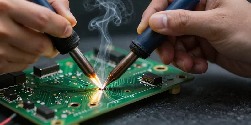 A person's hands soldering tiny wires onto a green circuit board with a glowing soldering iron, smoke rising, macro shot, shallow depth of field, cyberpunk vibes, highly detailed --ar 16:9