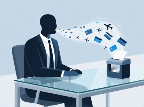 Corporate modern art style. A sleek, faceless executive figure sits at a glass desk. From their mouth, a swirling vortex
