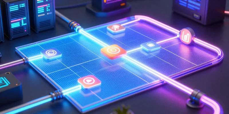 Glowing neon pipelines connecting a vibrant grid spreadsheet to glowing social media logos, futuristic cyberpunk data center, highly detailed 3d render, octane render