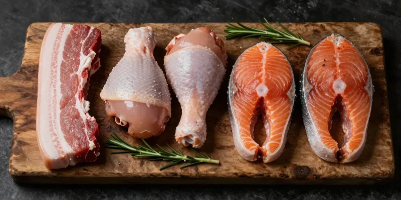 A rustic wooden board, flat lay composition. On it, keto proteins: thick cut fatty pork belly strips, a few whole chicken
