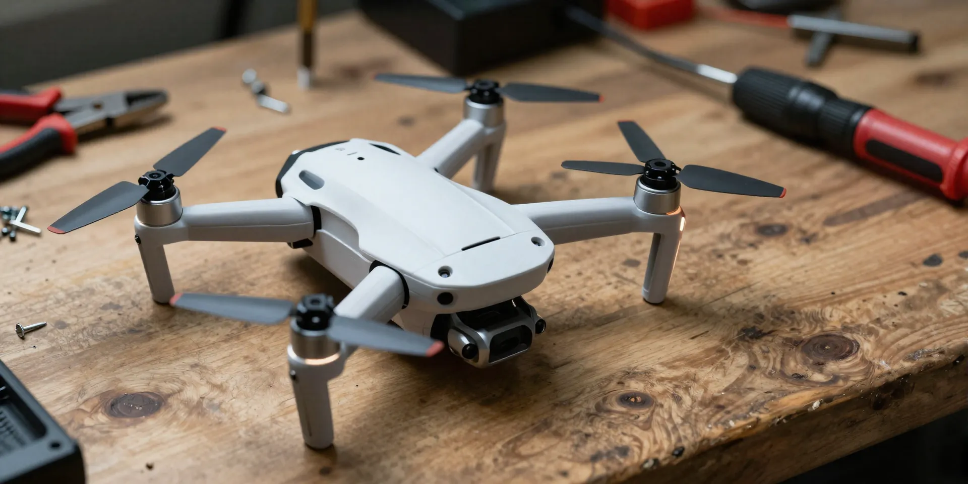 A cheap plastic consumer drone sitting on a scratched wooden workbench surrounded by wire cutters, a soldering iron, and scattered screws, photorealistic, cinematic lighting, 8k --ar 16:9