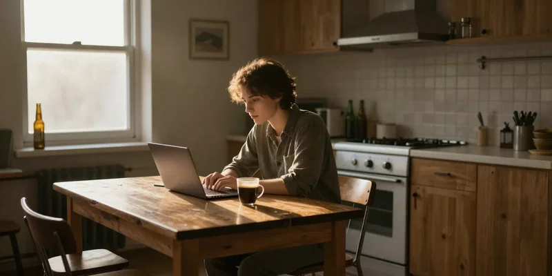 Midjourney prompt: Early morning golden hour in a hostel kitchen, one focused person with a laptop and coffee at a rustic table, sunlight streaming through a window, the rest of the room is empty and quiet, empty beer bottles visible in the background on the counter, photorealistic, serene mood --ar 16:9
