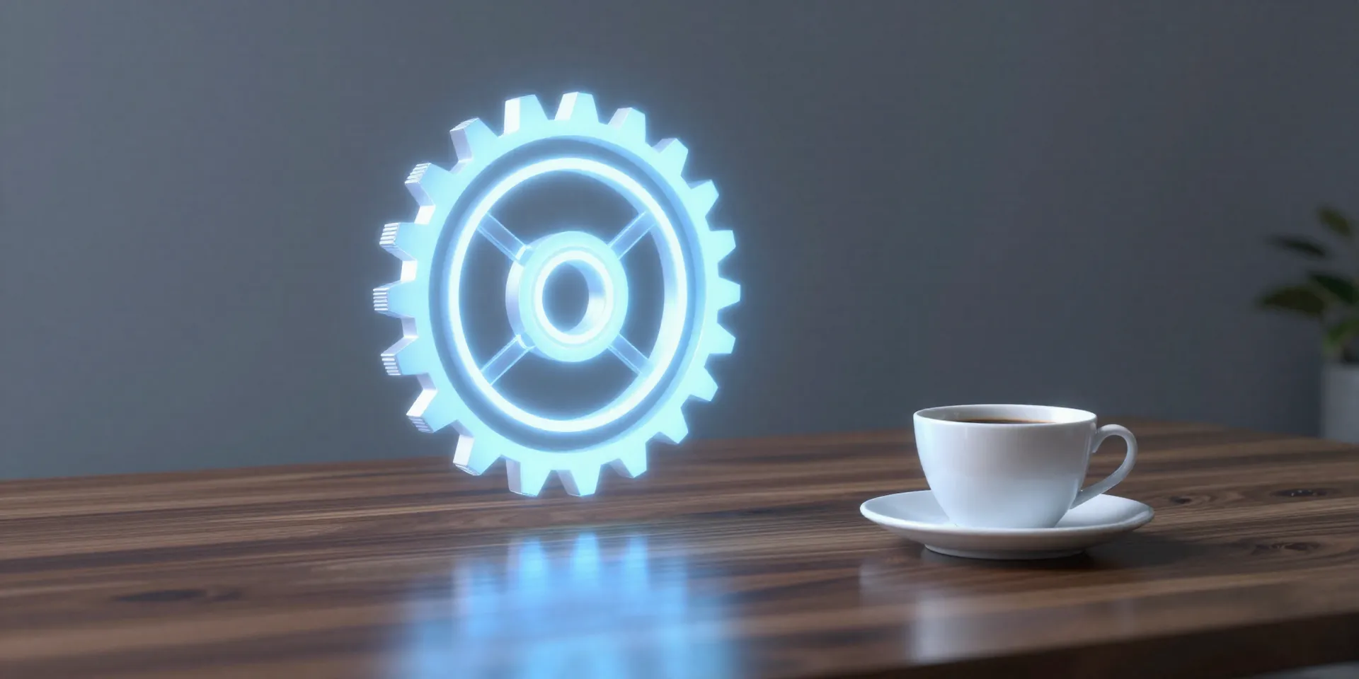 A glowing futuristic gear hovering over a sleek wooden desk next to a cup of black coffee, cyberpunk mixed with corporate minimal, hyper-detailed --ar 16:9