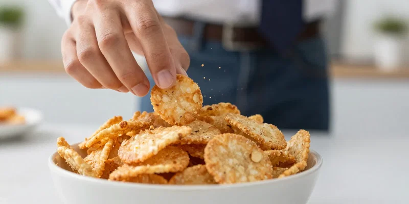 Close-up shot of a person's hand reaching for a bowl of crispy snacks, emphasis on the texture. Sharp focus on the crunch, crumbs flying slightly. Bright, energetic office kitchen vibe. High detail, photorealistic.