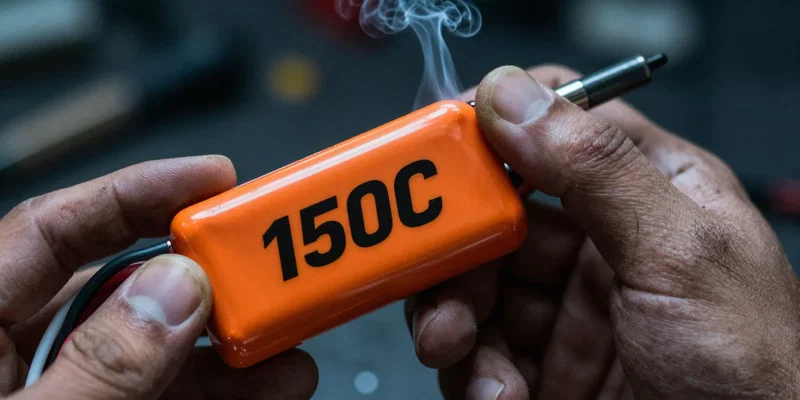 Macro photography, grimy mechanic fingers holding a bright orange LiPo battery with 150C printed on it in bold aggressive letters, background is a heavily blurred dimly lit workshop with soldering iron smoke, neon accents --ar 16:9