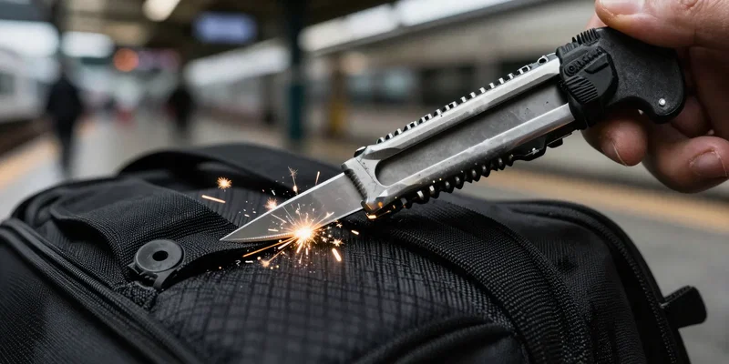 Extreme close up of a sharp utility knife failing to cut through tough, woven Kevlar fabric of a travel bag, sparks or tension visible. Gritty urban train station background blurred out, high contrast, dramatic lighting --ar 16:9