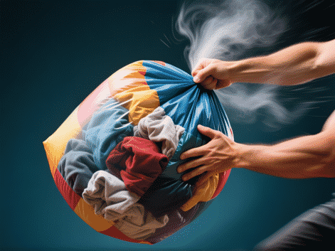 Midjourney prompt: A hand quickly compressing air from a large, colorful compression sack filled with puffy clothes. Dramatic action shot, fabric crunching visible, dynamic motion blur on the hands. --ar 16:9 --style raw