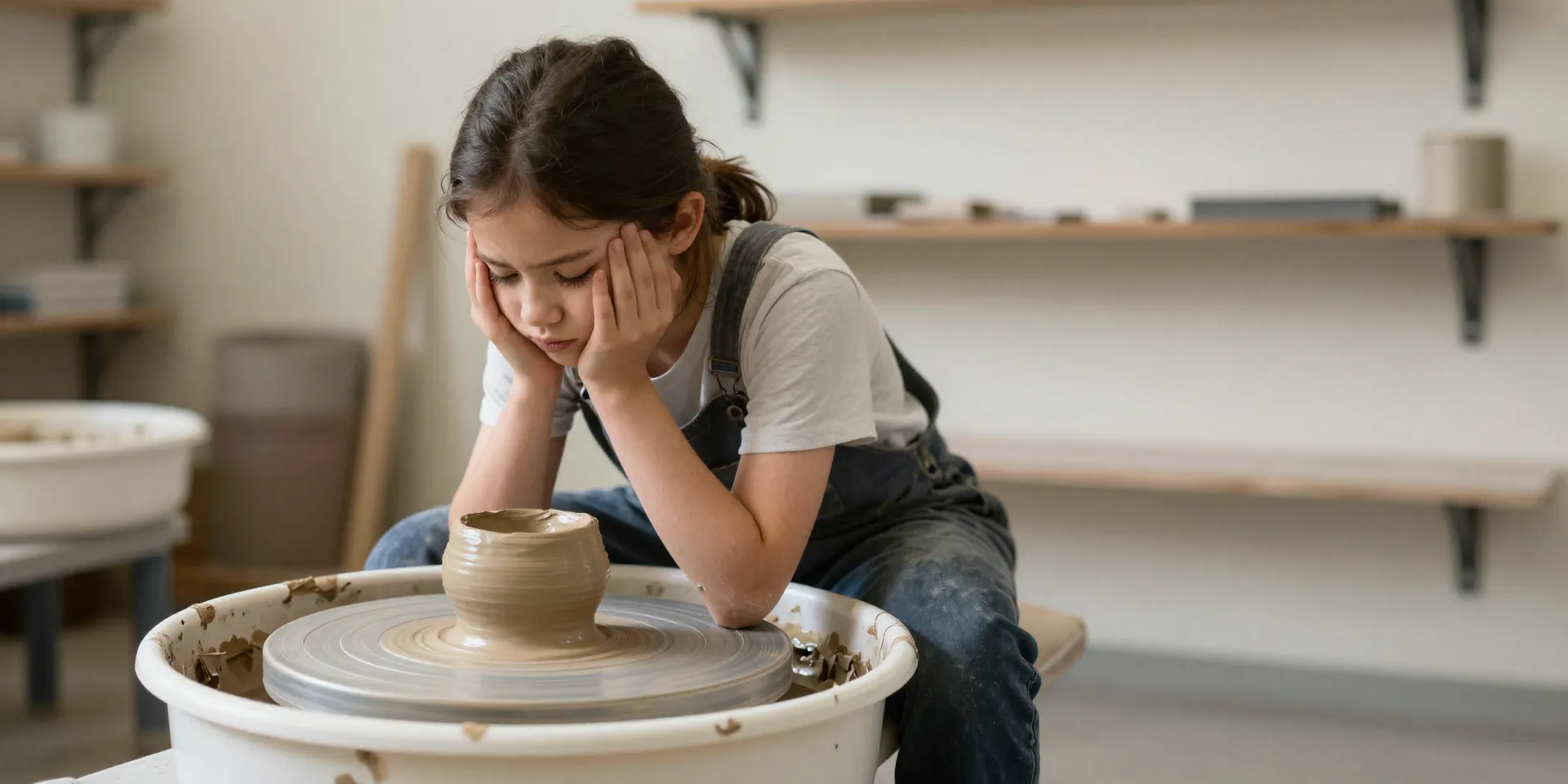 A nervous beginner sitting at a pottery wheel in a cozy garage studio, soft natural lighting, clay on the wheel head, candid documentary photography style, warm tones, shallow depth of field --ar 16:9
