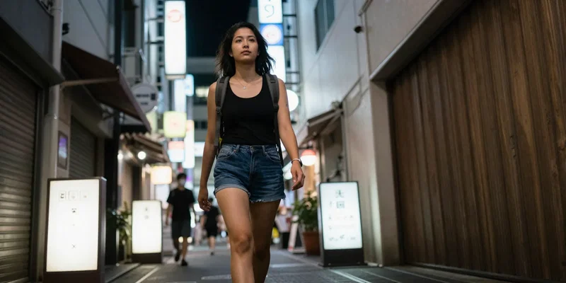 Low angle shot of a woman walking confidently down a vibrant Tokyo alleyway at night, wearing a backpack, looking straight ahead, neon lights reflecting, dynamic composition --ar 16:9