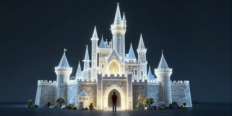 Conceptual digital art. A person is building a beautiful, intricate castle from glowing, three-dimensional words like 