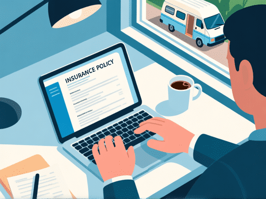 A top-down desk view, a laptop screen showing confusing insurance policy documents, a half-drunk coffee cup, frustrated hands on the keyboard, a window showing a converted van outside. Clean, illustrative, modern digital art style.