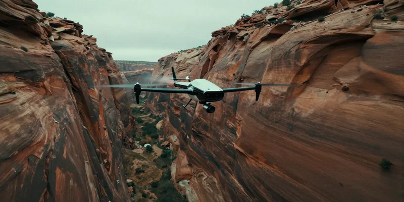 FPV view gliding through a narrow majestic canyon, slow cinematic movement, moody color grading, teal and orange cinematic style, soft diffused light --ar 16:9