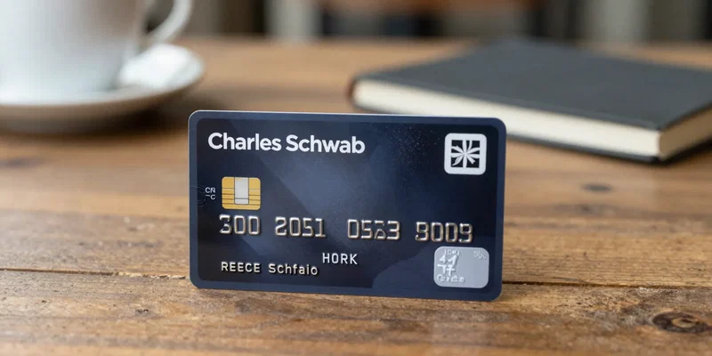 Ultra close-up shot of a Charles Schwab debit card on a rustic wooden table in a Southeast Asian cafe. Focus is on the card's emblem. Bokeh background shows coffee and a travel journal. Sharp, clean product photography.