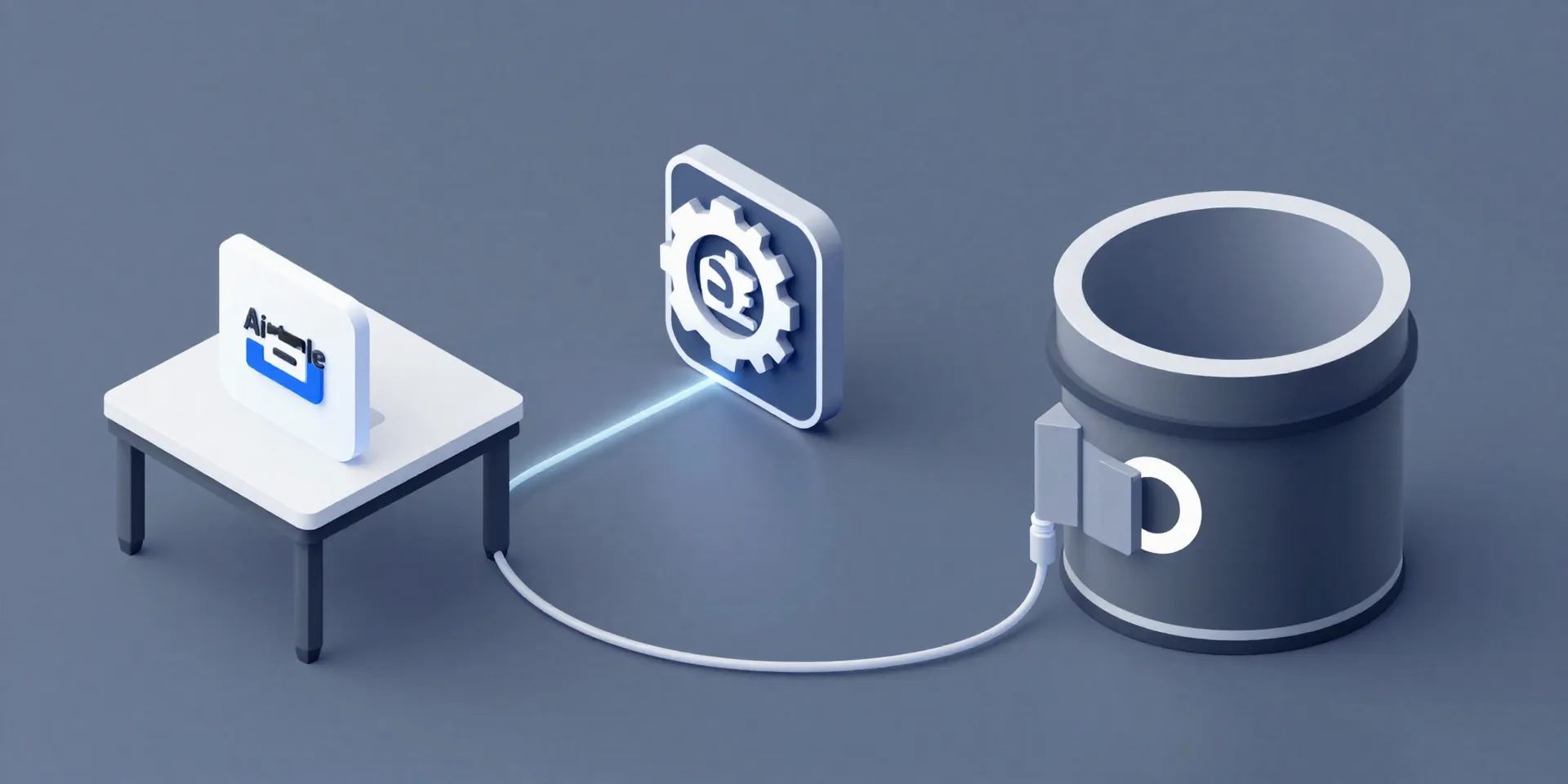 A hyper-modern, minimalist diagram in isometric view. On the left, the Airtable logo sits on a stylish table. A glowing cable connects it to the Zapier gear logo in the center. Another cable flows to a sturdy, vault-like Amazon S3 bucket icon on the right. Clean, tech illustration style.