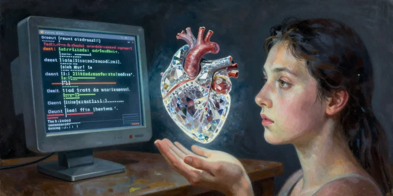 surrealist oil painting, a person's head is a glass computer monitor showing crashing error messages, but their heart is a separate, glowing crystal safely in their hands, symbolic, deep colors – style of Remedios Varo – ar 4:5
