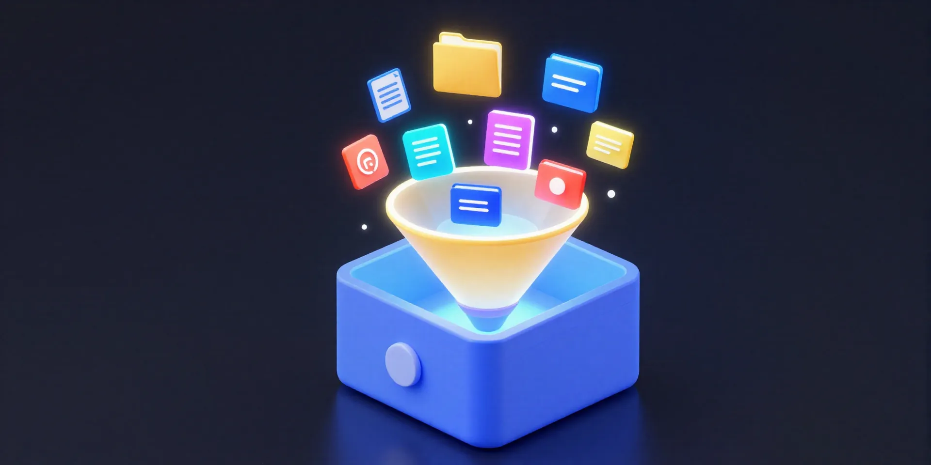 A glowing digital funnel pulling colorful neon icons like images, text documents, and folders into a sleek futuristic organized box, 3D isometric style, clean dark background, vibrant colors, ray tracing --ar 16:9 --v 6.0