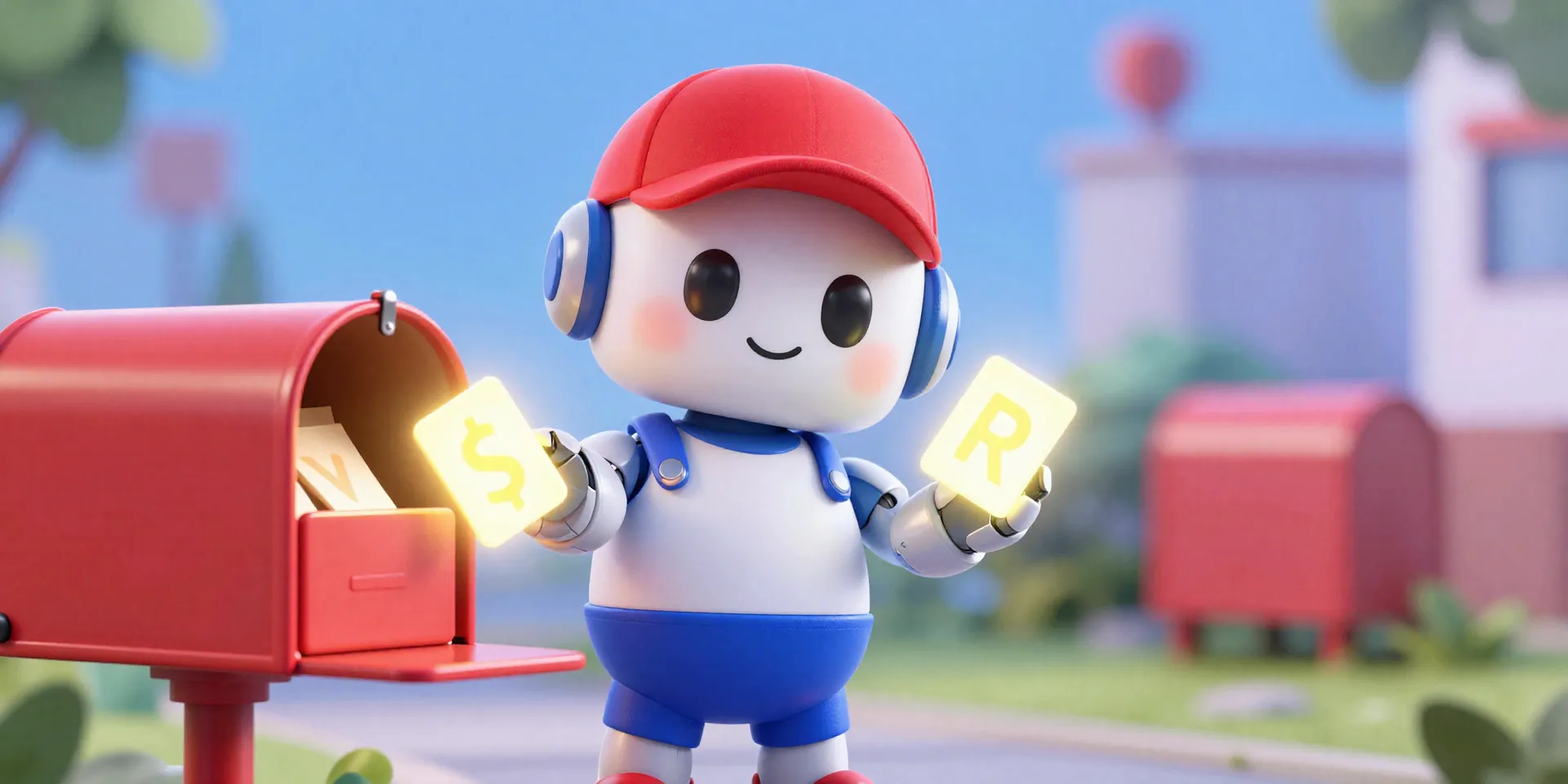 A stylized, cute robot postal worker efficiently sorting glowing digital letters into mailboxes, vibrant colors, 3d Pixar style, high resolution --ar 16:9 --v 6.0