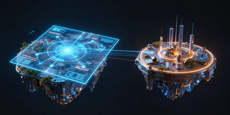 A glowing holographic map of data streams connecting two floating metallic islands, sci-fi concept art, dark background, neon blue and orange --ar 16:9
