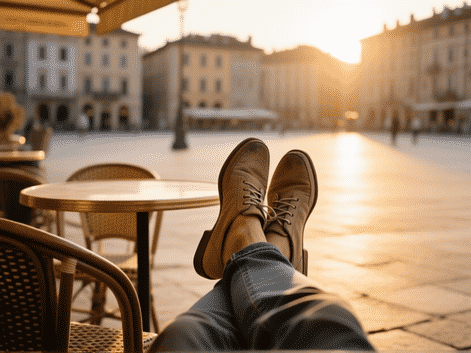 Midjourney Prompt: A lone traveler's feet propped up on a cafe chair in a European piazza at golden hour. The shoes are simple, worn-in, and elegant. Focus on the relaxed posture of the feet. Leica M-series photography style, warm tones, shallow depth of field.