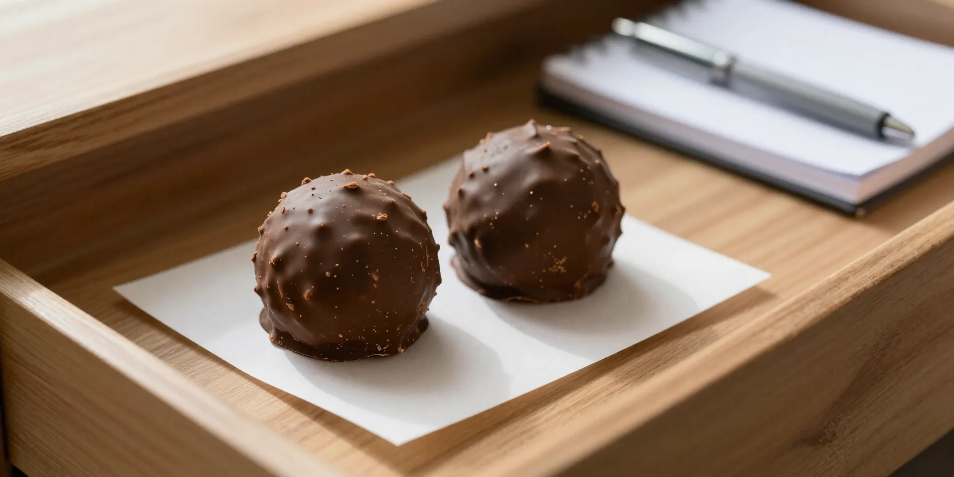 Midjourney Prompt: Photorealistic image of two chocolate-dipped coconut fat bomb truffles on a small square of parchment paper, inside a slightly open wooden desk drawer, soft natural light from a window, a pen and notebook visible in the background --ar 16:9 --v 6.0