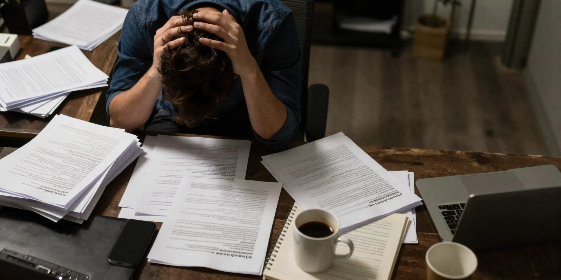 A cluttered office desk overflowing with paper spreadsheets, empty coffee mugs, and a stressed-looking person with their head in their hands. Style: Moody office photography with dramatic lighting, realistic, detailed. Mood: Overwhelmed, chaotic.
