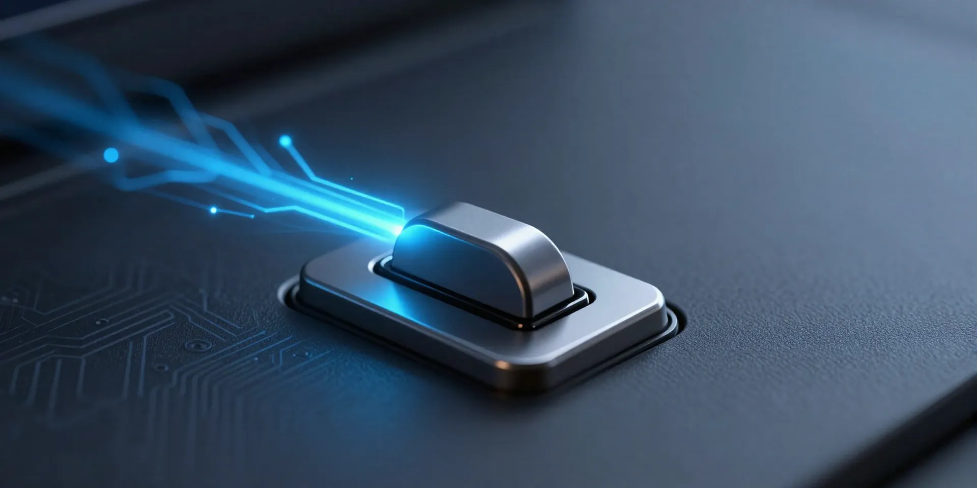A close-up shot of a single, elegant toggle switch on a dark, minimalist dashboard in Airtable. A glowing line of digital energy shoots out from the switch like a command. Cyberpunk aesthetic, circuit board textures, neon blue light trails, cinematic, sharp focus, macro lens.