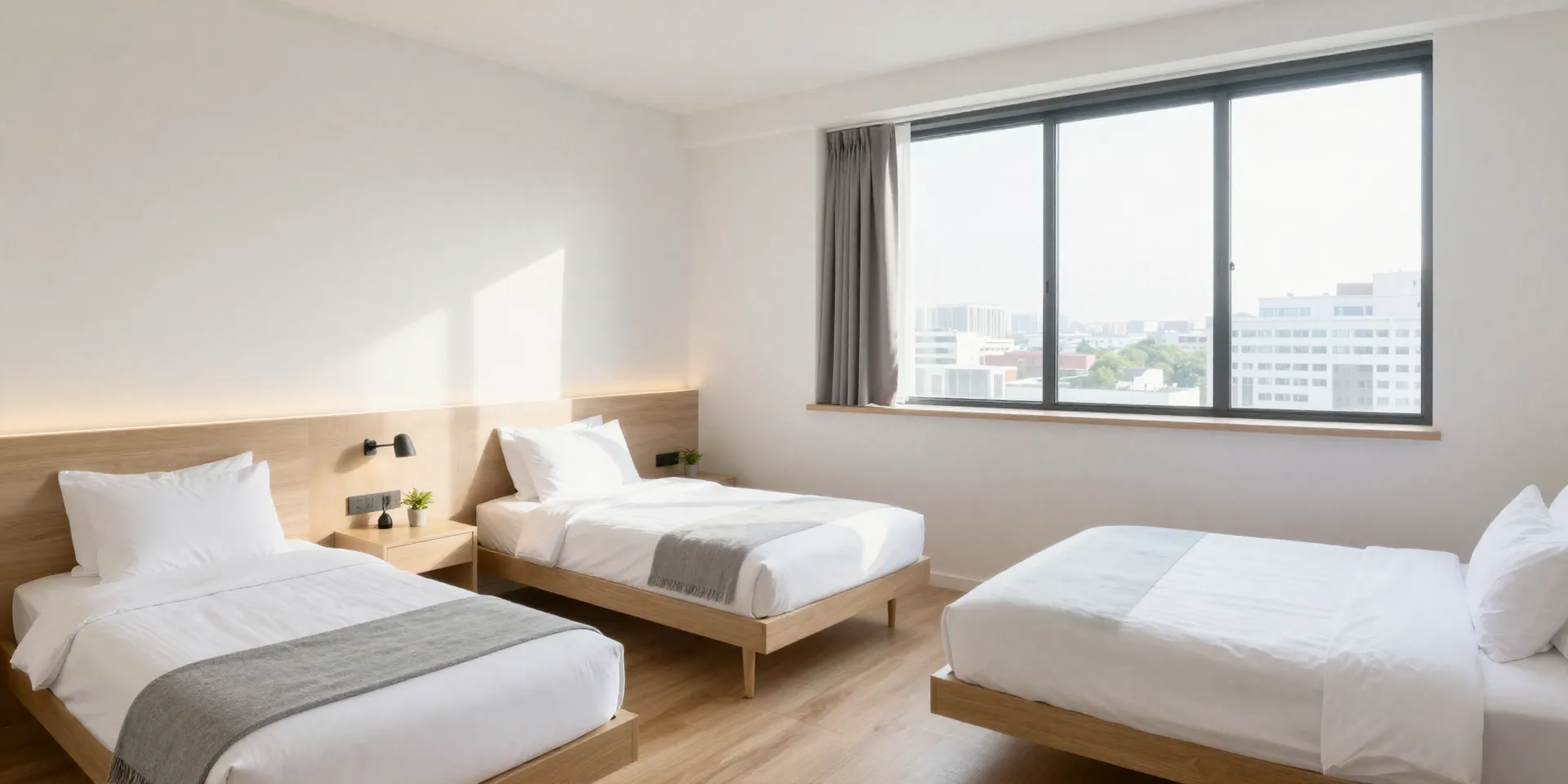 A stunning, light-filled private room in a modern hostel, with two separate single beds, minimalist design, and large windows overlooking a city. Clean, aesthetic, affordable luxury. Shot with a wide-angle lens, morning light. --ar 16:9 --style raw --v 6.0