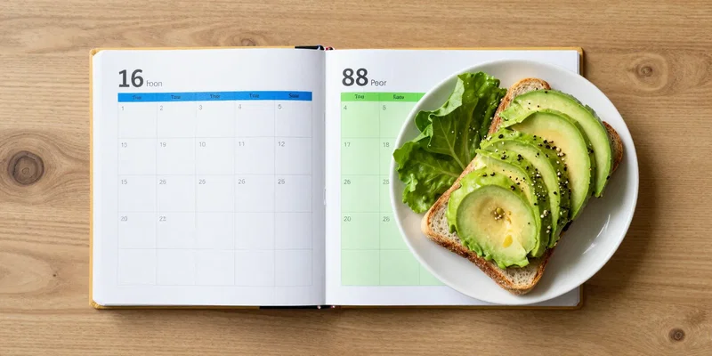 Midjourney Prompt: Beautiful overhead flat lay on a oak desk. A planner open to a weekday schedule, with a 16-hour window highlighted in blue marker and an 8-hour eating window in green. A simple salad and avocado toast sits in the green zone. Minimal, clean, lifestyle photo. –ar 16:9