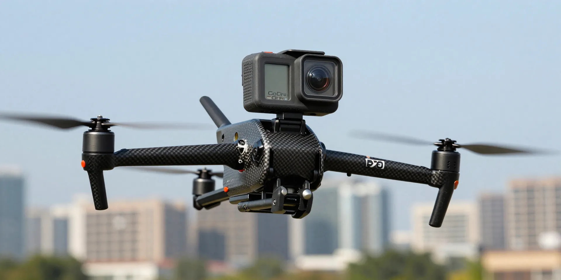Close up of an FPV racing drone mid-air, custom GoPro mount tilted aggressively upward, carbon frame, spinning props, against a backdrop of a modern city skyline, dynamic action shot, 8k resolution --ar 16:9