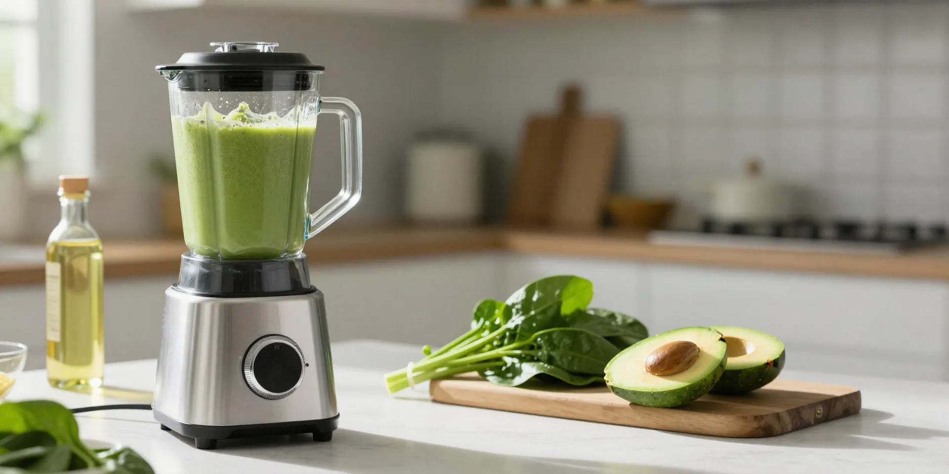 Midjourney prompt: A high-speed blender with a thick, creamy green smoothie inside, on a kitchen counter with morning light streaming in, keto ingredients like avocado, spinach, and MCT oil bottle nearby, photorealistic, vibrant, 8K