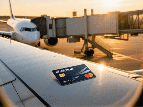 Close-up, airline-branded credit card resting on a glossy airplane wing. In the background, a jet bridge connects to a plane